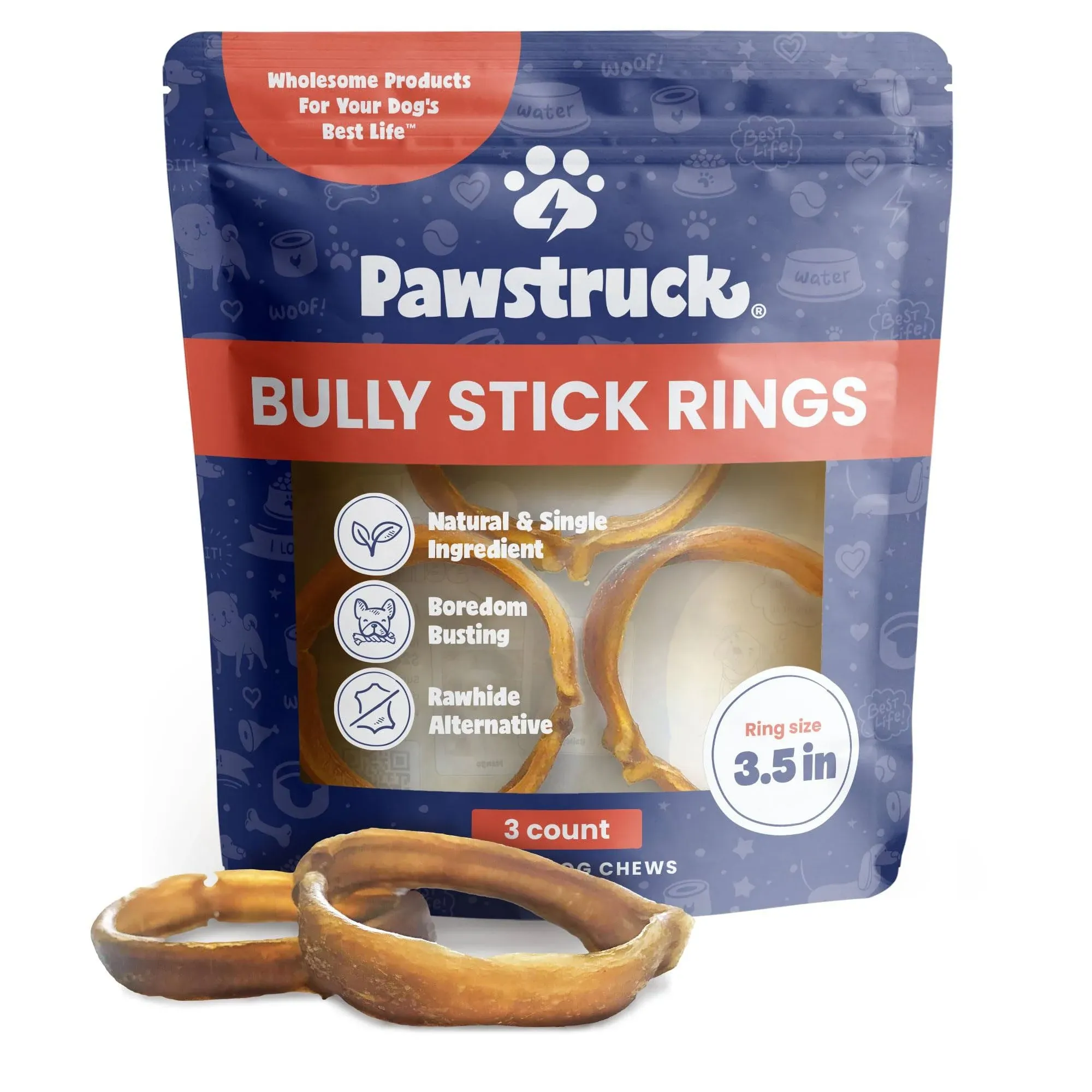 Pawstruck All-Natural 4" Bully Stick Rings for Dogs - Rawhide Free 100% Beef Single Ingredient Dental Chew Treat Bones - Fully Digestible Low Odor - 3 Pack - Packaging May Vary