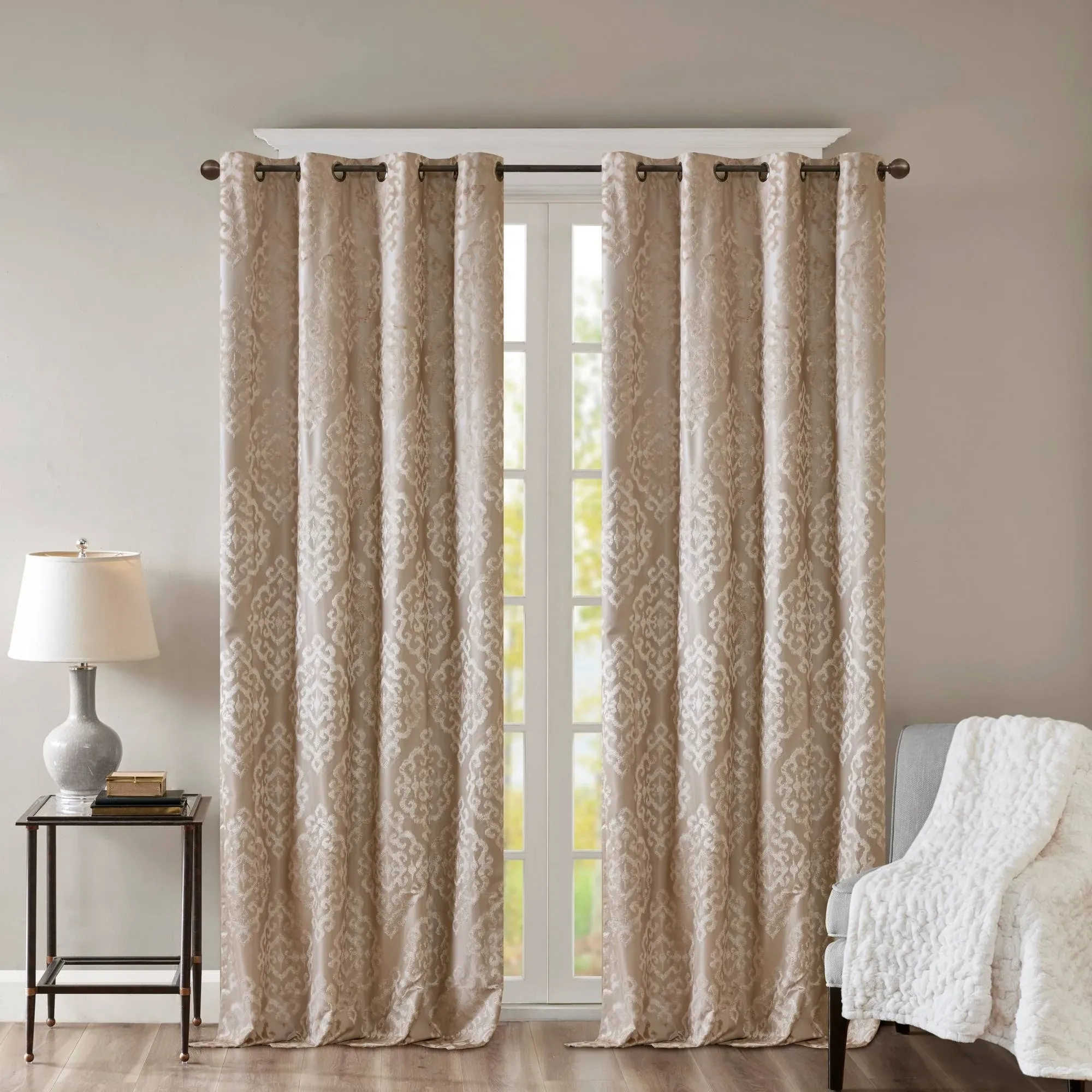 Mirage - Knitted Jacquard Damask Total Blackout Grommet Top Curtain Panel Pair - Champagne