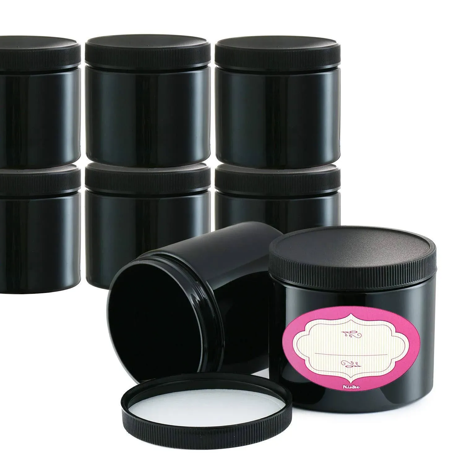 12 Pack, 8 Oz Black Plastic Jars with Black Lids &amp; Labels- Refillable, BPA-Free