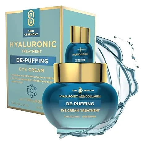 Skin Ceremony Hyaluronic Acid & Collagen De-Puffing Eye Cream - Hydrates and Promotes Moisture Retention - Helps Reduce Under Eye Bags & Dark Circles