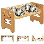 Vantic Elevated Dog Bowls-Adjustable Raised Dog Bowls with Stand for Small Size Dogs and Cats,Durable Bamboo Dog Feeder with 2 Stainless Steel Bowls and Non-Slip Feet