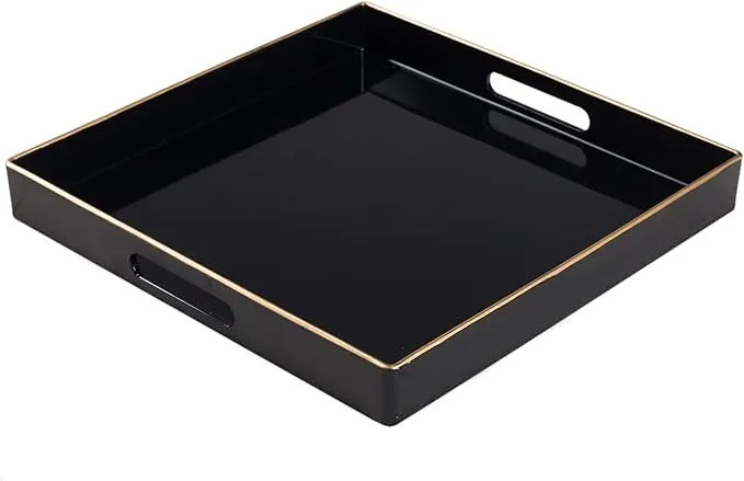 MAONAME Decorative Tray, Black Serving Tray with Handles, Coffee Table Tray, Square Plastic Tray for Ottoman, Bathroom, Kitchen, 13"x13"x1.57"