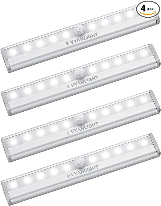 VYANLIGHT Motion Sensor LED Lights, 10 LED Battery Operated Motion Light, Stick-On Anywhere Magnetic Night Light Bar for Under Cabinet, Closet, Hallway, Stairway, Wardrobe, Kitchen, Vanity, 4 Pack