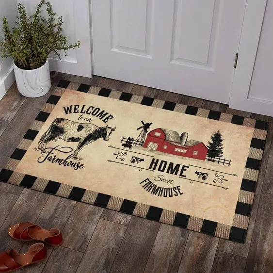 Ideasonna Farmhouse Kitchen Rugs Sets of 2 Brown Country Rustic Rooster Cow Kitchen Rug Washable Non-Slip Kitchen Floor Mats for in Front of Sink