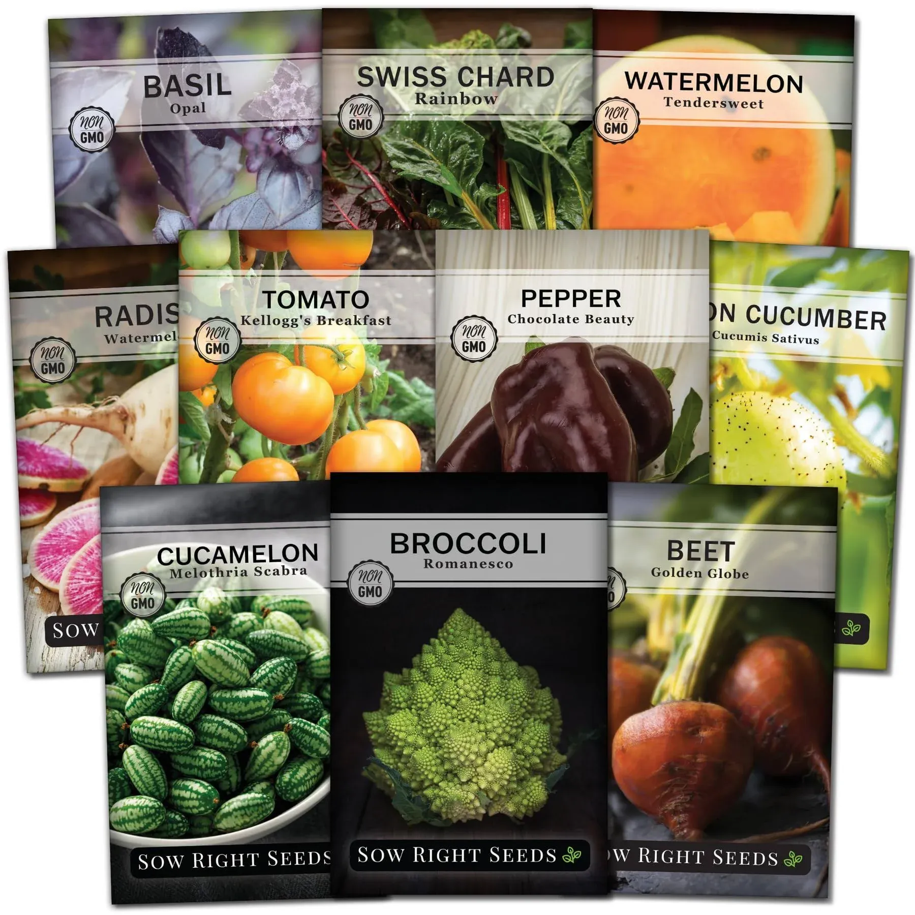 Sow Right Seeds - Exotic Vegetable Seed Collection for Planting - Colorful Non-GMO Heirloom Beets, Broccoli, Carrots, Cucumber, Pepper, Basi