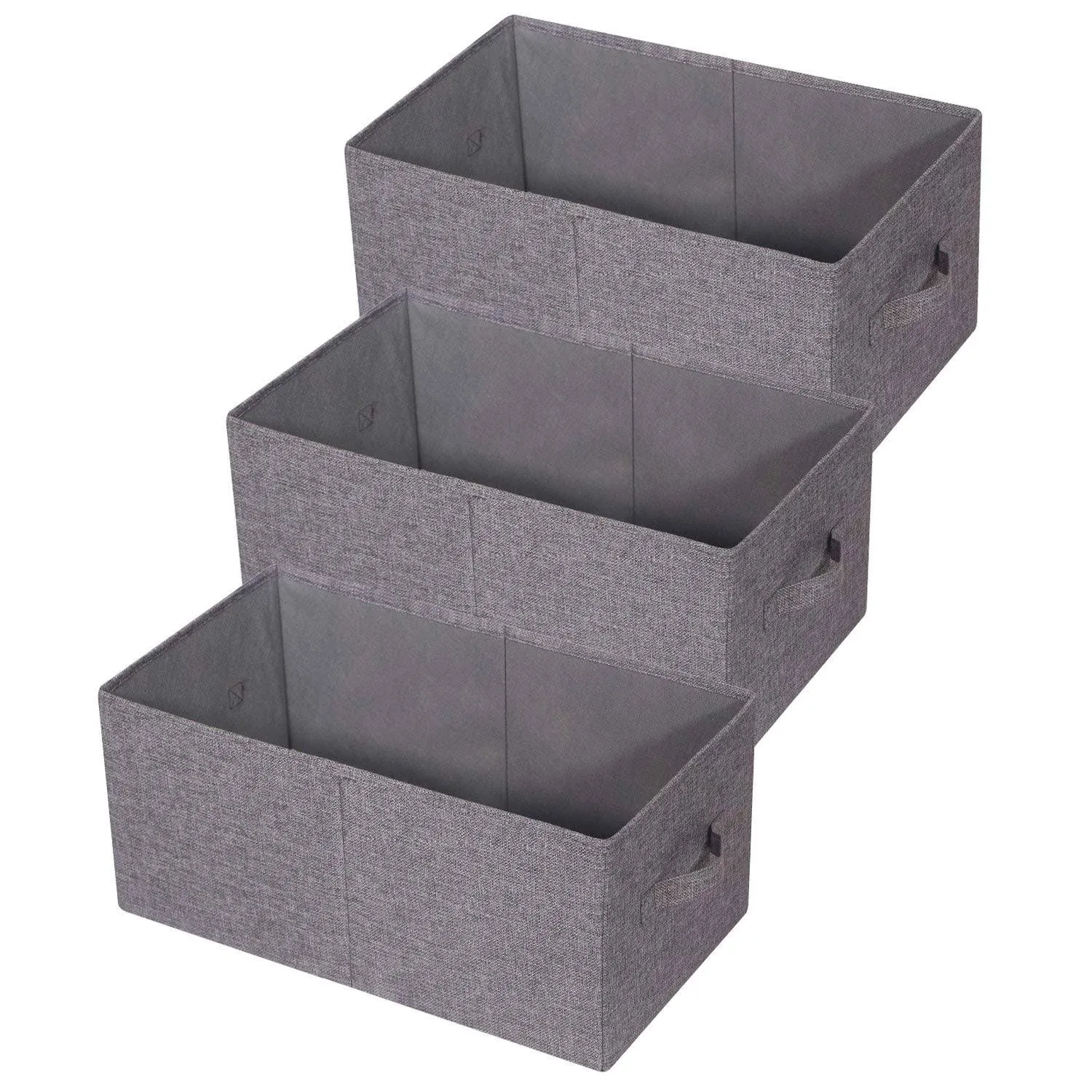 Set Of 3 Closet Organizer Bins With Handle Linen Fabric Foldable Storage Baskets