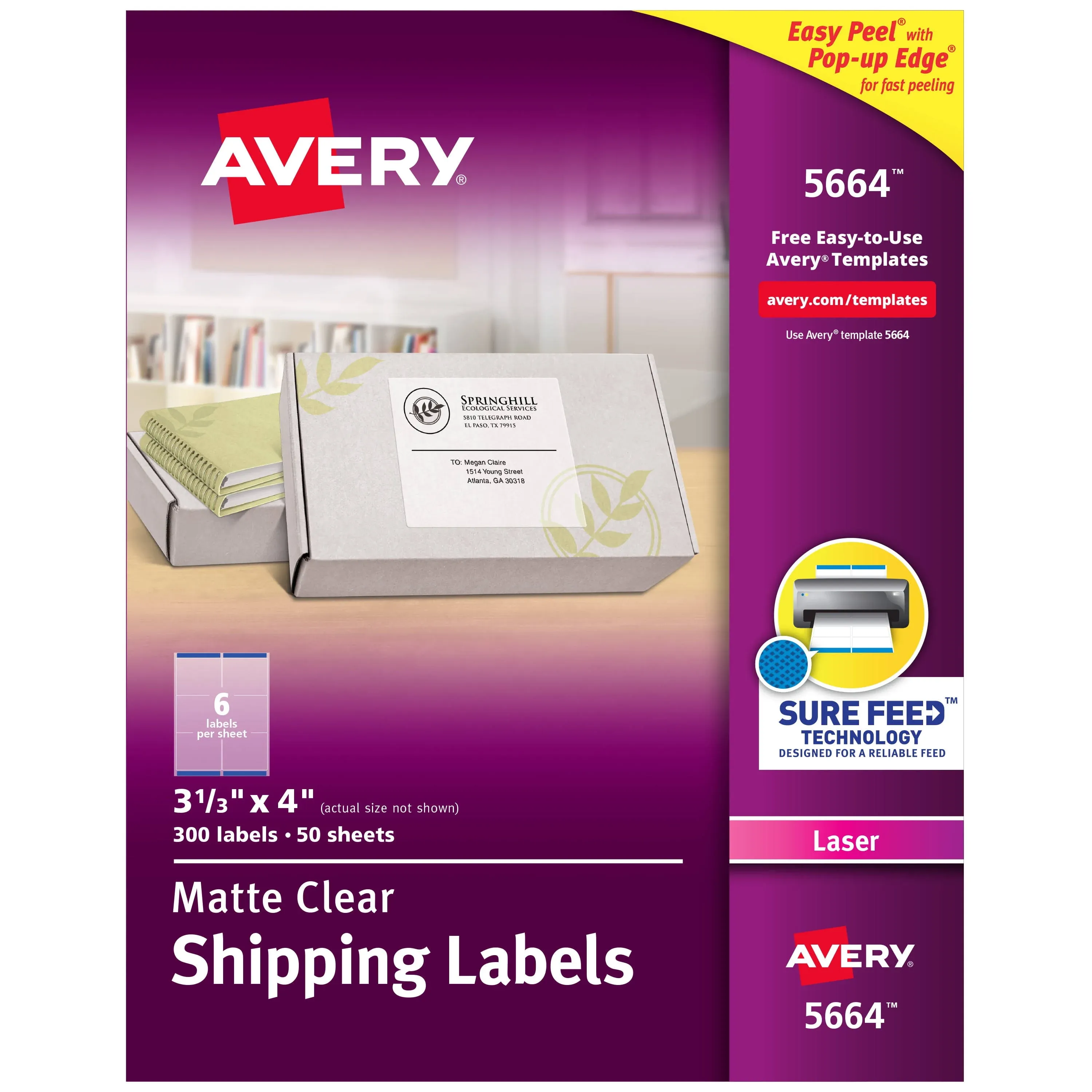 Avery Matte Frosted Clear Address Labels for Laser Printers, 3-1/3 inch x 4 inch, 300 Labels (5664)