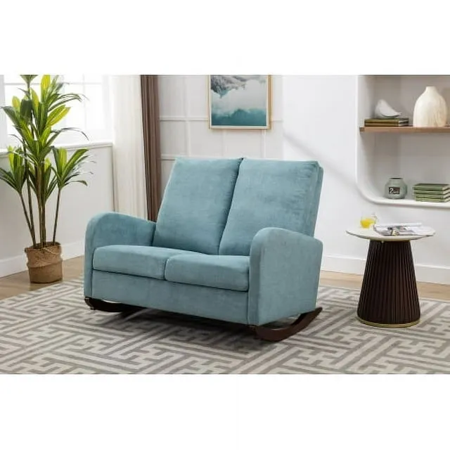 Rocking Chair Upholstered Mid Century Modern Rocker Oversized Wingback Armchair for Living Room, Light Blue