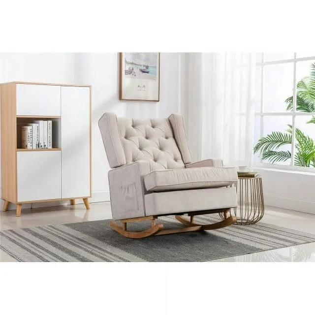 Rocking Chair Modern Upholstered Recliner Glider Chair, Mid Century Rocker Oversized Wingback Armchair, Comfortable Rocking Chair Accent Chair with Side Pocket for Living Room, Beige