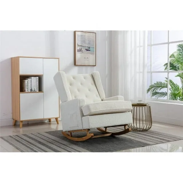 Rocking Chair Modern Upholstered Recliner Glider Chair, Mid Century Rocker Oversized Wingback Armchair, Comfortable Rocking Chair Accent Chair with Side Pocket for Living Room, White