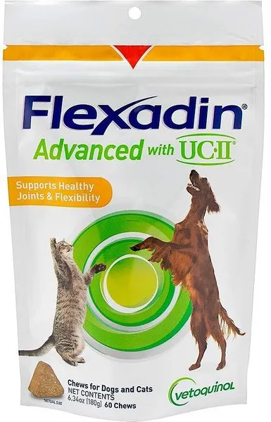 Vetoquinol Flexadin Advanced with UC-II Dog Joint Supplement for Dogs & Cats, Hip & Joint Supplement Chew for Cat & Dog Joint Health, Clinically Proven Vet-Approved Formula