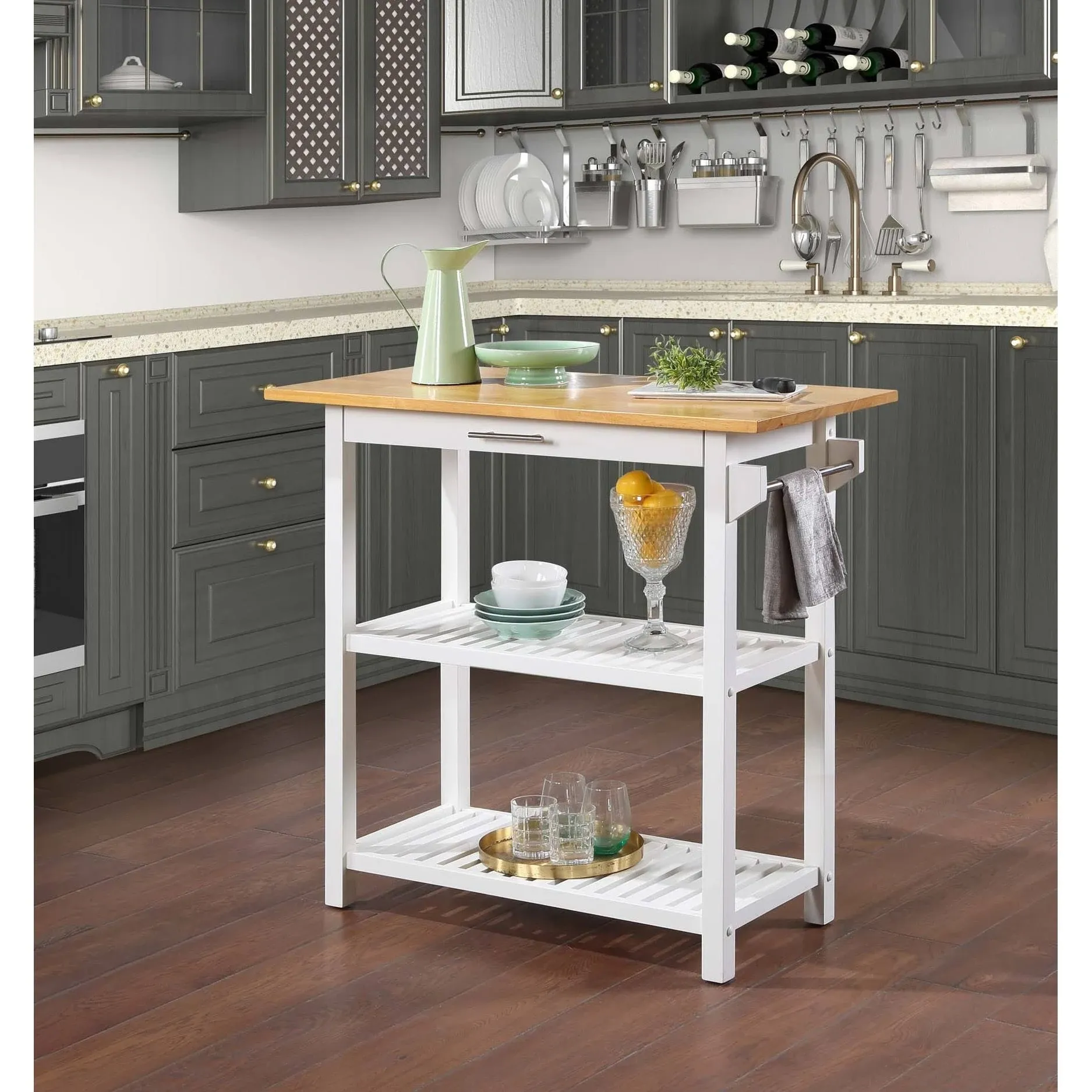 Convenience Concepts Designs2Go 3 Tier Butcher Block Kitchen Prep Island with ...