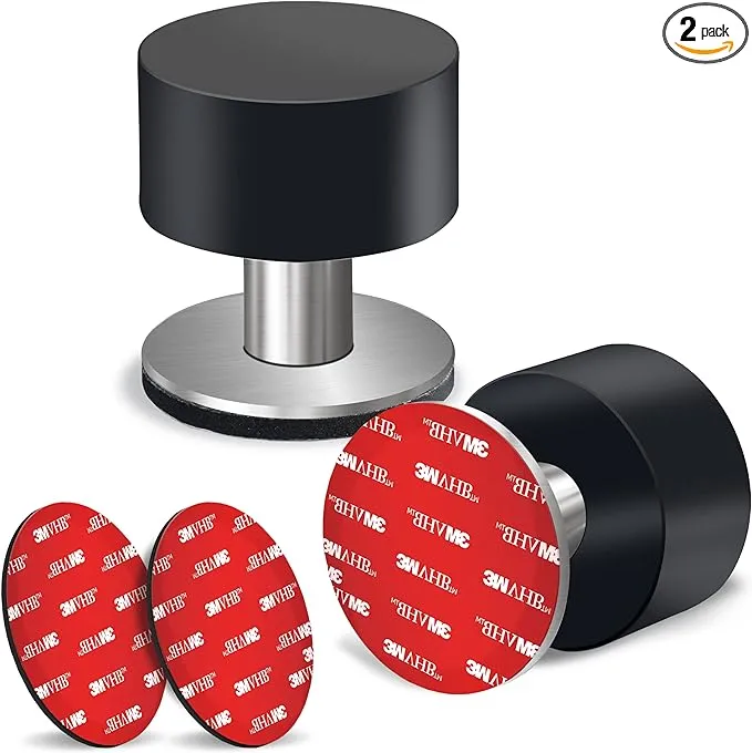 2 Pack Door Stoppers Stop with Extra Stickers, Self-Adhesive Door Stops with Black Rubber Bumper & Stainless Steel Body - Heavy Duty Door Knob Wall Protector Sound Dampening for Home & Office Use