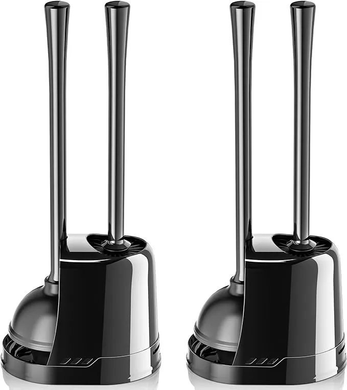 Toilet Plunger and Brush, Bowl Brush and Heavy Duty Toilet Plunger Set with Ventilated Holder, 2-in-1 Toilet Brush and Plunger Combo for Bathroom Cleaning (Black, 2 Set)