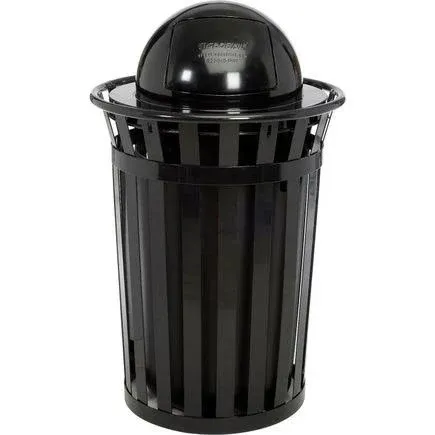 Global Industrial Outdoor Slatted Steel Trash Can with Dome Lid, 36 Gallon, Black