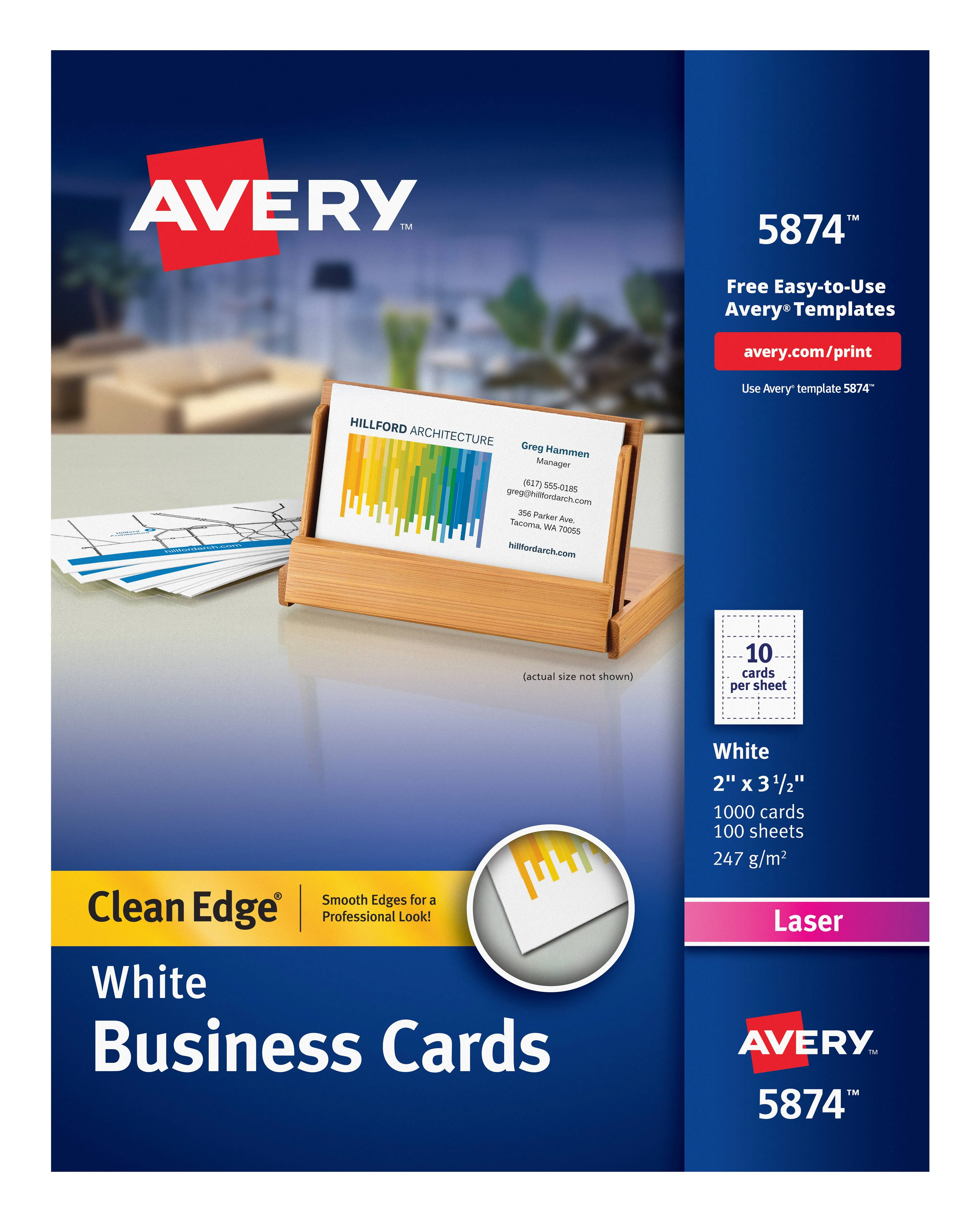 Avery Clean Edge Business Cards, Laser, 2 x 3.5, White, 1,000 Cards, 10 Cards/Sheet, 100 Sheets/Box 