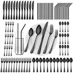 84 Pieces Black Silverware Set Service for 12 Flatware Set with Straws Stainl...