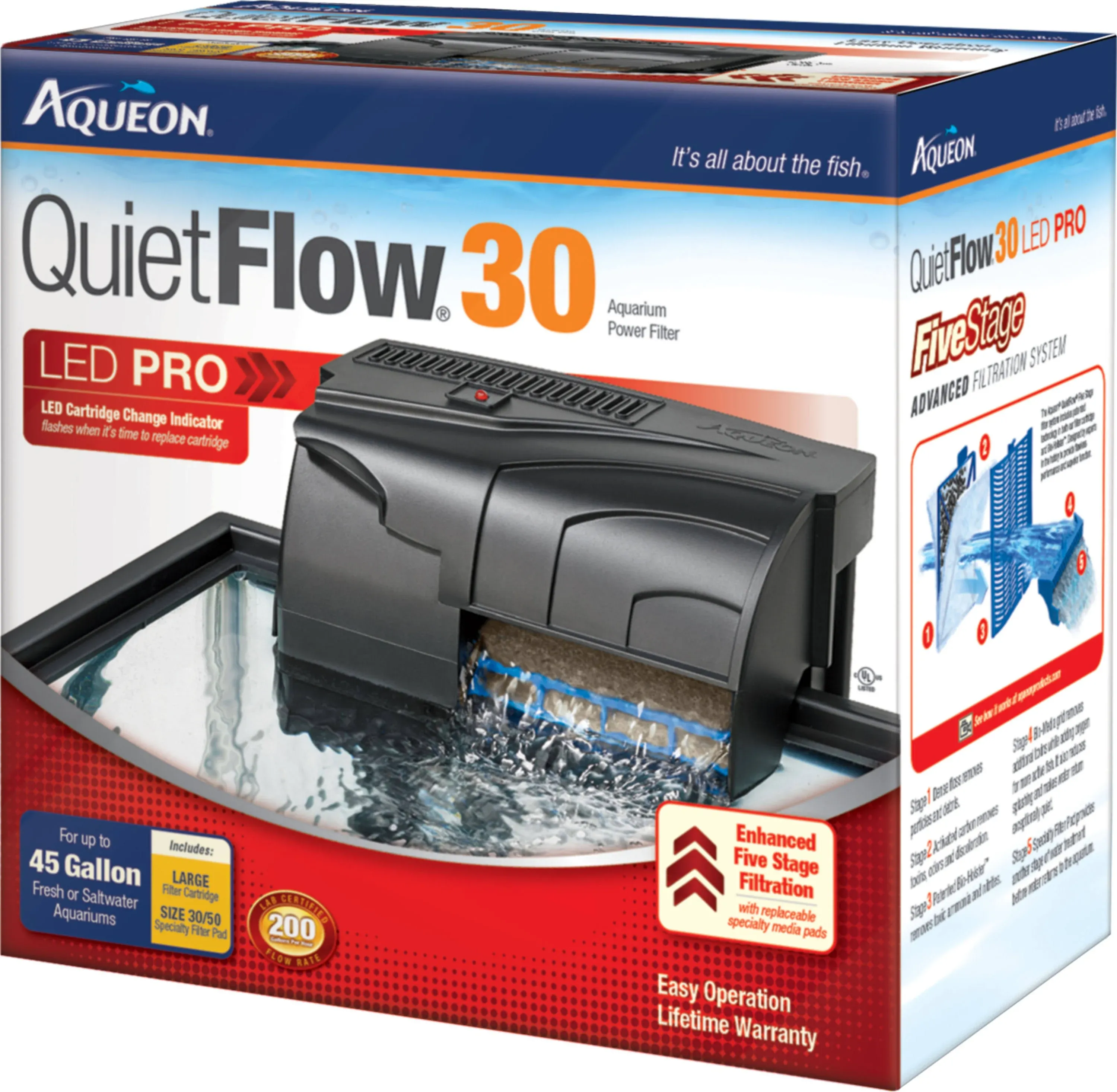 Aqueon QuietFlow 30 LED PRO Aquarium Fish Tank Power Filter For Up To 45 Gallon Aquariums