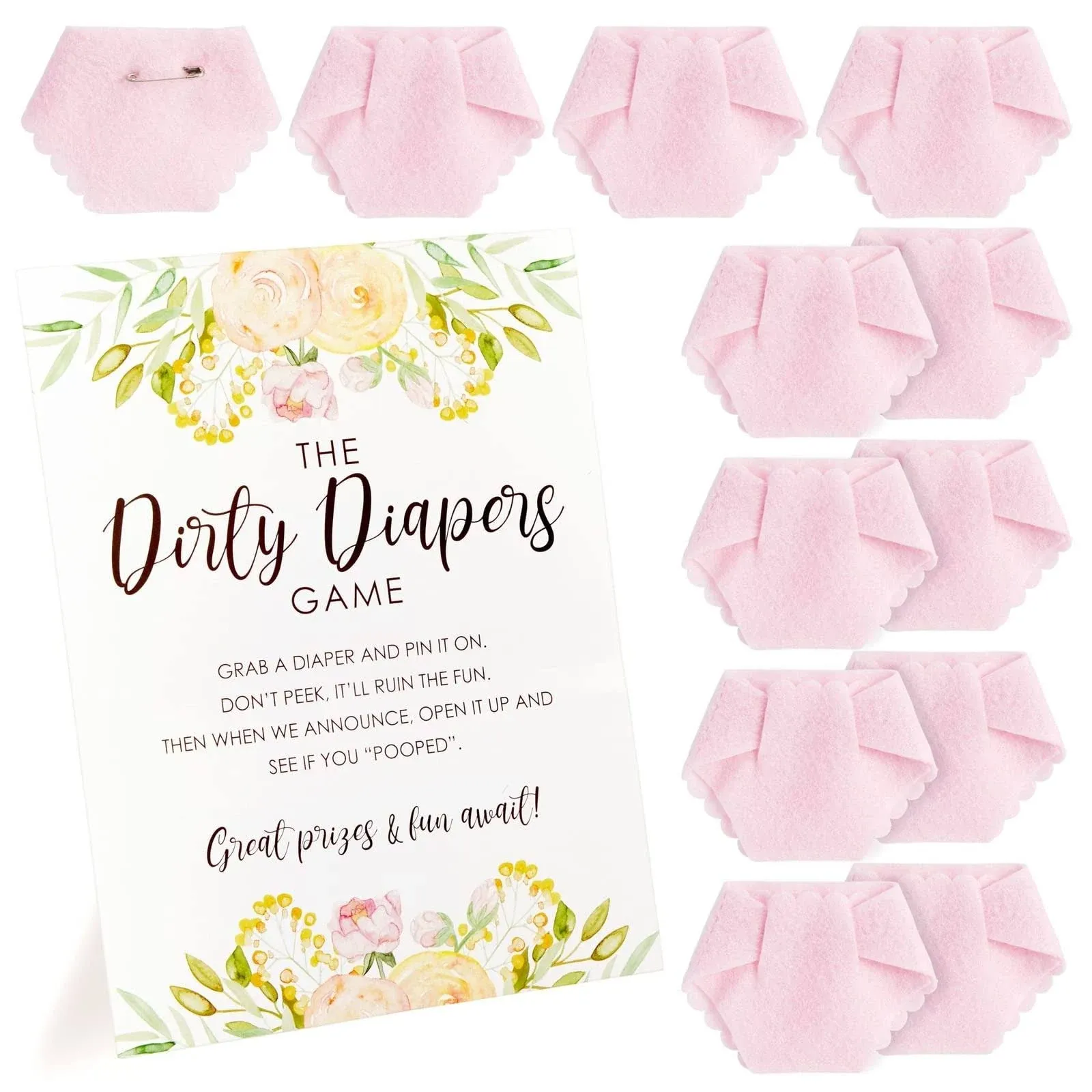 Sparkle and Bash Dirty Diaper Baby Shower Game for Girl with 12 Mini Pink Diapers, 8.5 x 11 Inch Instruction Card Sign