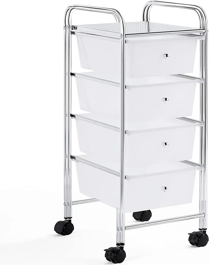 Yaheetech 4 Drawers Cart Rolling Plastic Storage Cart and Organizer Metal Frame Plastic Drawers Plastic Trolley Organizer on Wheels, White