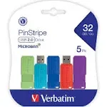 Verbatim Pinstripe USB 2.0 Flash Drive, 32 GB, 5 Assorted Colors