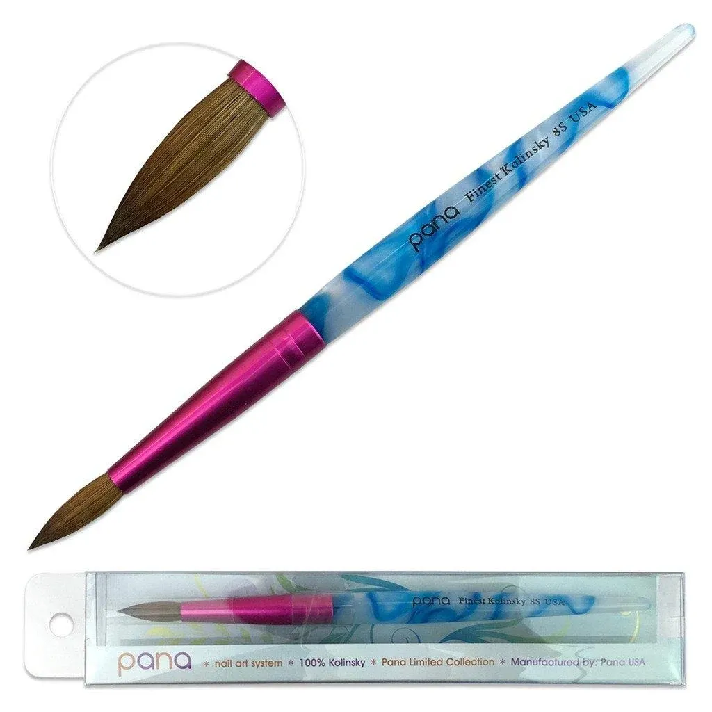 Pana USA Acrylic Nail Brush100% Pure Kolinsky Hair New Design Acrylic White~Swirl~Blue Handle with Pink Ferrule Round Shaped Style (Size # 8)