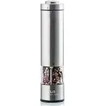 Electric Salt and Pepper Grinder - Battery Operated Stainless Steel Pepper Mill with Light - Automatic One Handed Operation - Electronic Adjustable Shaker - Ceramic Grinder