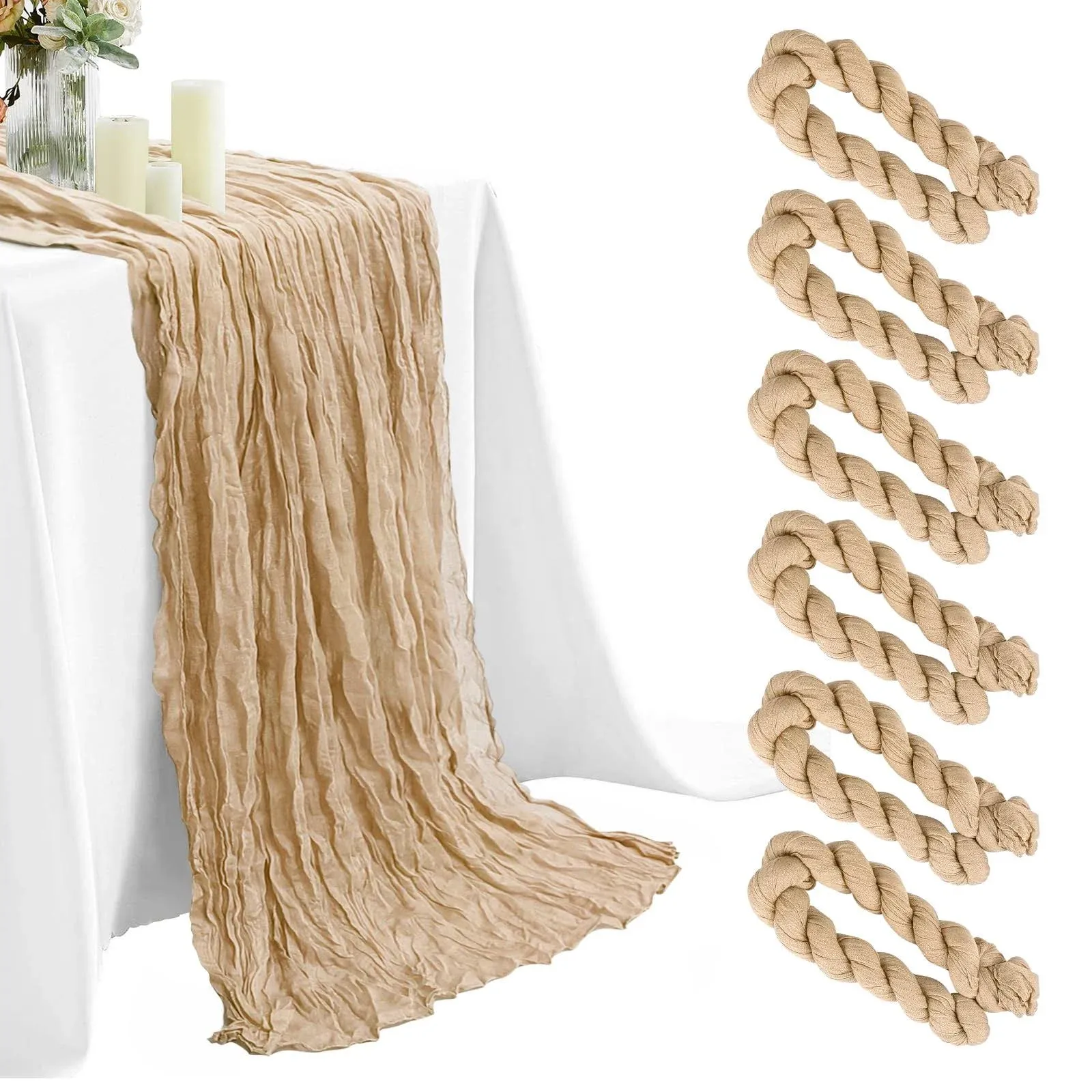  6pcs Cheesecloth Table Runner Beige, 10ft Gauze Table Runner Bulk 6 Pack Beige