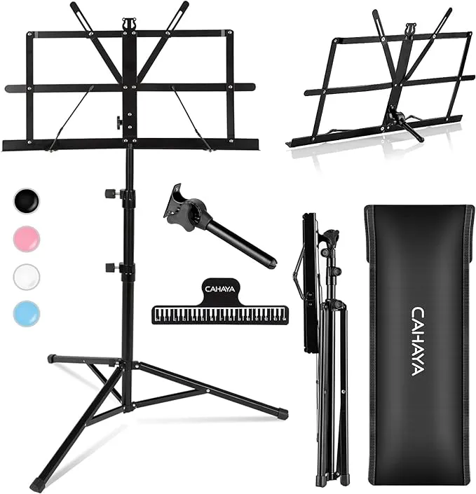 CAHAYA 2 in 1 Dual Use Extra Stable Reinforced Folding Sheet Music Stand & Desktop Book Stand Lightweight Portable Adjustable with Carrying Bag, Metal Music Stand with Music Sheet Clip Holder CY0204