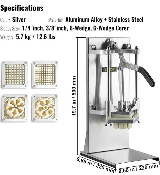 VEVOR Commercial French Fry Cutter with 4 Replacement Blades, 1/4″ and 3/8″ Blade Easy Dicer Chopper, 6-wedge Slicer and 6-wedge Apple Corer, Lemon Potato Cutter for French Fries with Extended Handle