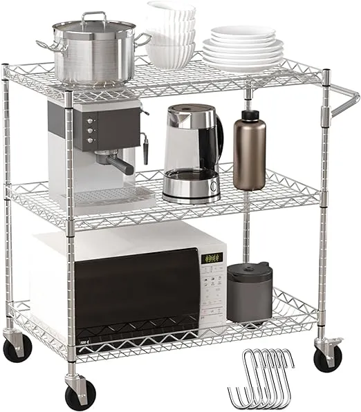 VEVOR Kitchen Utility Cart, 3 Tiers, Wire Rolling Cart with 661 lbs Capacity, Steel Service Cart On Wheels, Metal Storage Trolley with 80 mm Deep