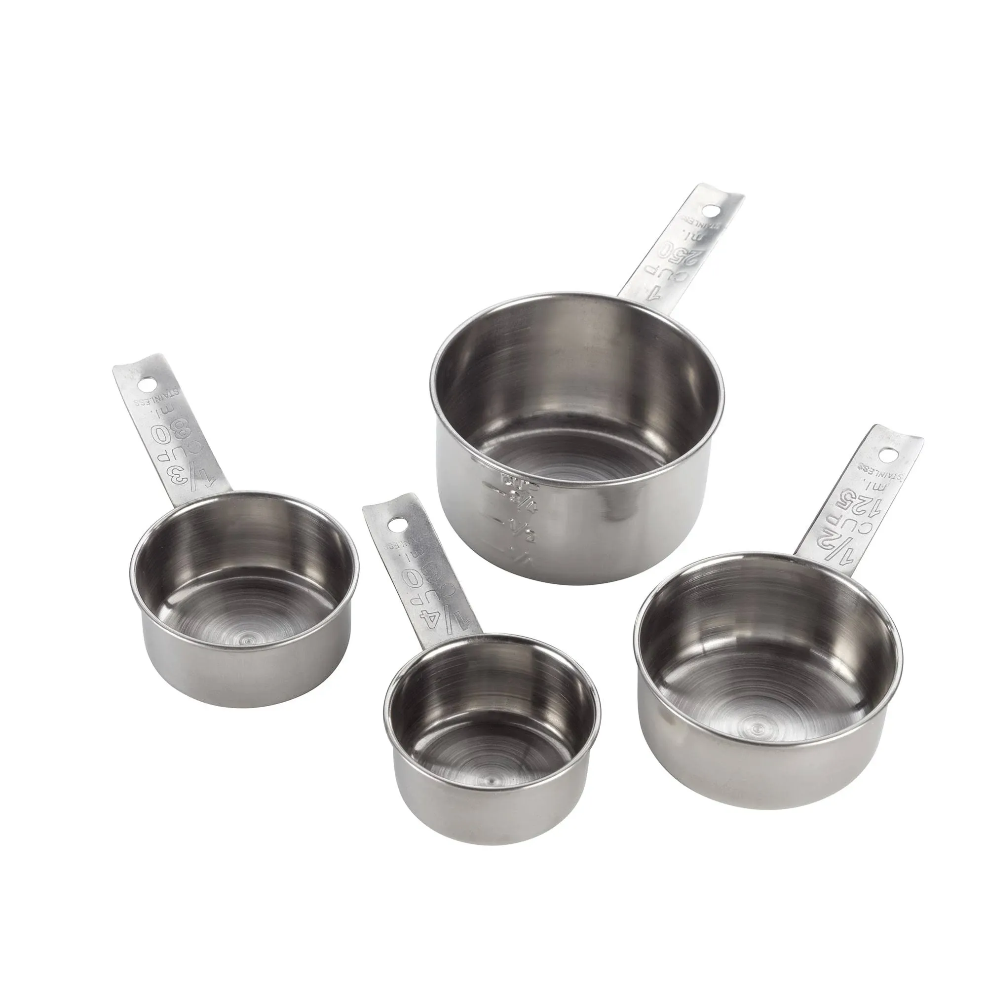 Measuring Cup Set, 1/4, 1/3, 1/2, and 1cup, with solid flat handle, hold at tip of handle for hanging, stainless steel