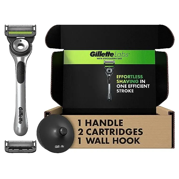 Gillette Labs mit Peeling-Stange von Men's Razor Set, 1 Duschhaken, Griff, 2 Klingen-Nachfüllungen, Silber und Schwarz, Rasierer für Männer, Herren