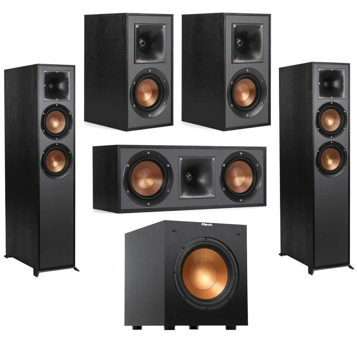 Klipsch Reference R-625FA 5.1 Home Theater Pack, Black, Pair, Bundle with 2x R-41M Bookshelf Speakers, R-52C Center Speaker, R-100sw 10" 300W