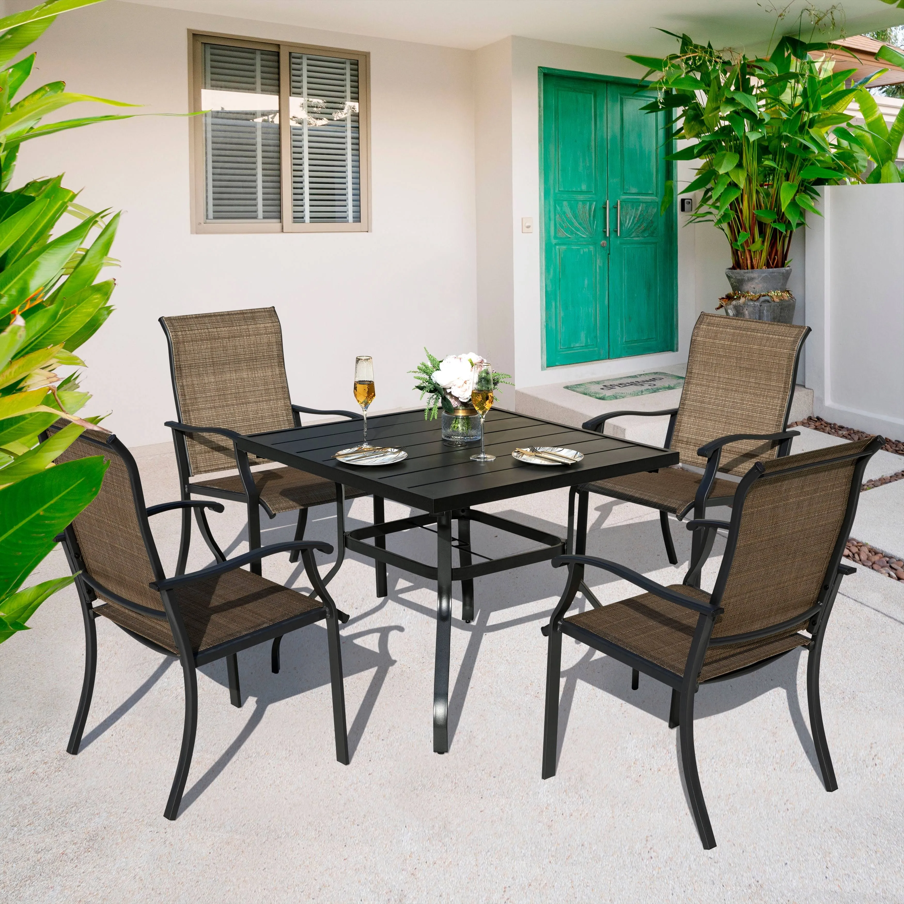 Nuu Garden Outdoor 5-Piece Dining Set, Textilene Fabric, Powder-Coated Iron Frame ...