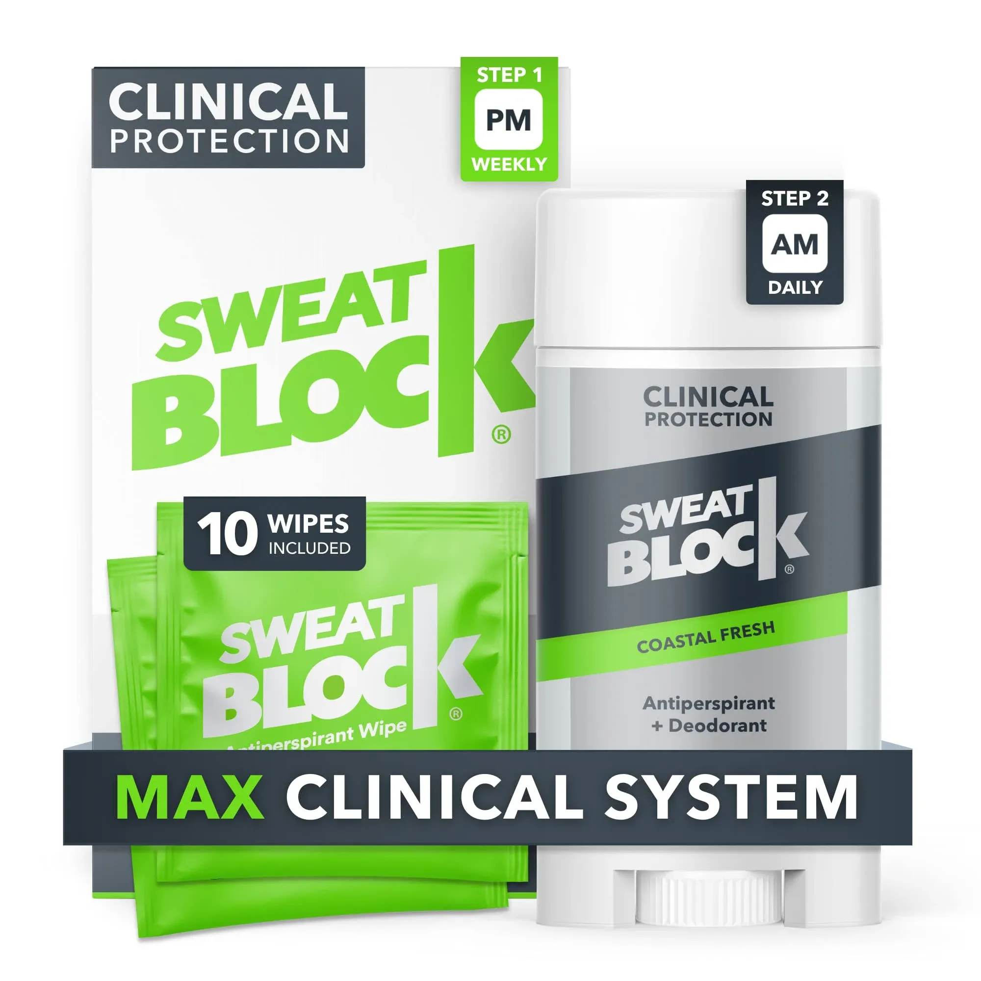 SweatBlock Antiperspirant Deodorant MAXIMUM CLINICAL STRENGTH System for Men & Women - Hyperhidrosis Aid for Excessive Sweating & Underarm Odor - 10 DRIBOOST Wipes + 1 Unisex Deodorant Stick (2.7oz)