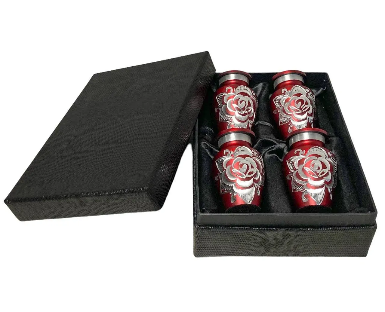 Set of 4 Crimson Keepsake Cremation Urns for Human Ashes - Small Urns with Engraved Rose - 3 Cubic Inch Capacity [2.5 tablespoons of cremains] - for The Sharing of Ashes