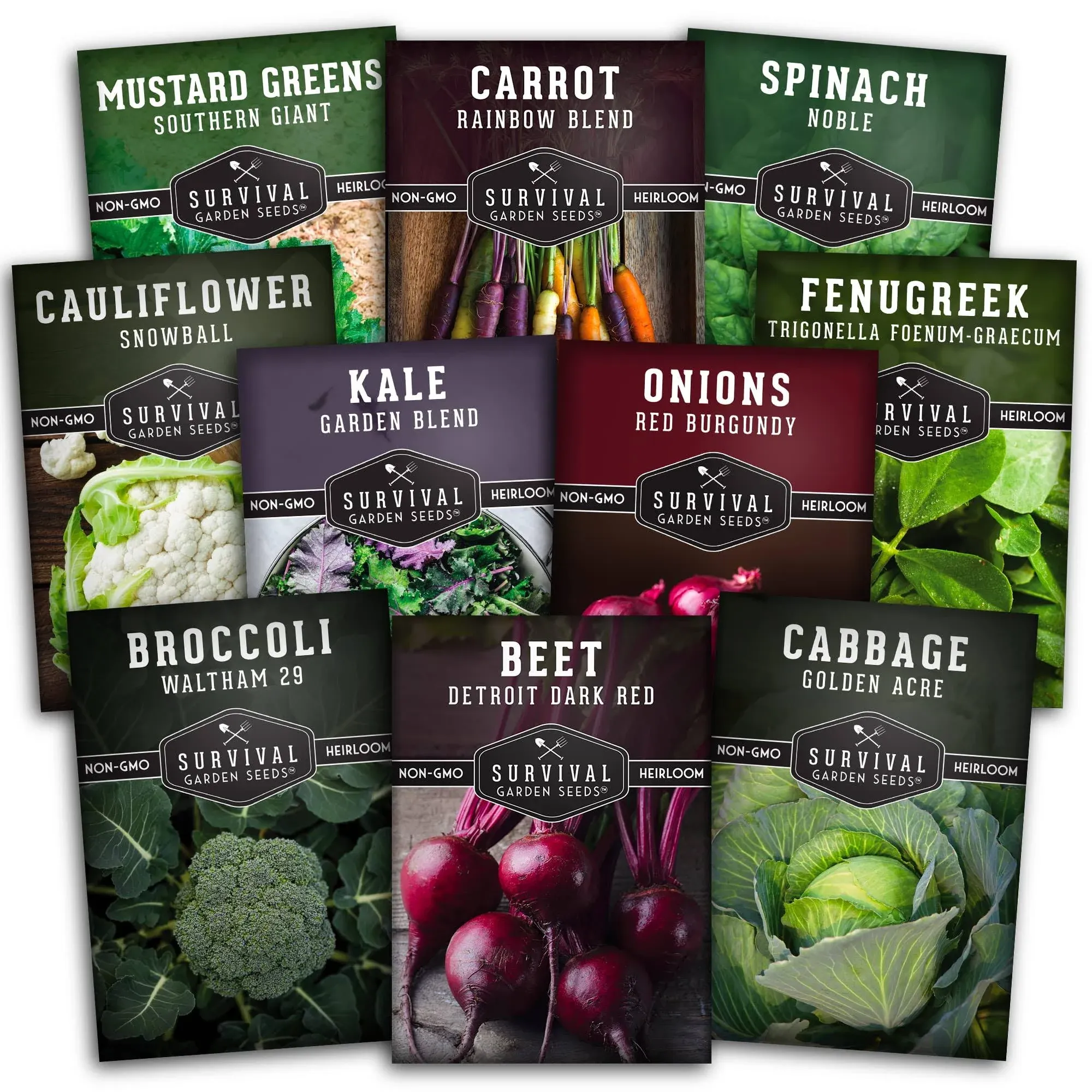 Spring Vegetable Seed Collection - 10 Packs of Non-GMO Heirloom Open-Pollinated Root Veg, Greens & Essentials to Plant Your Home Garden - Seed Saver Instructions on Packets - Survival Garden Seeds