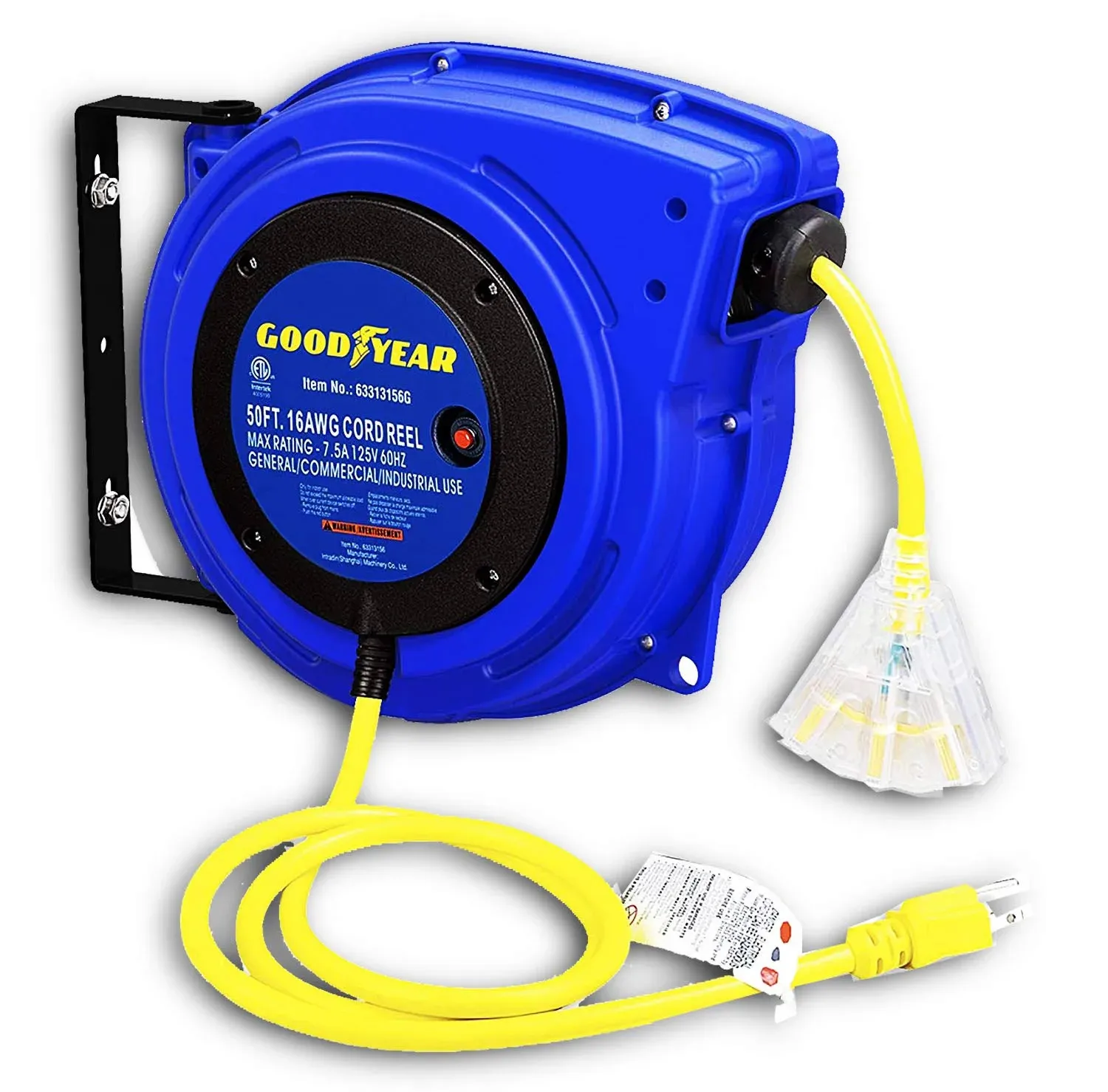 Goodyear Extension Cord Reel Retractable 16AWG x 50 Foot 3C/SJTOW Commercial Cable LED T