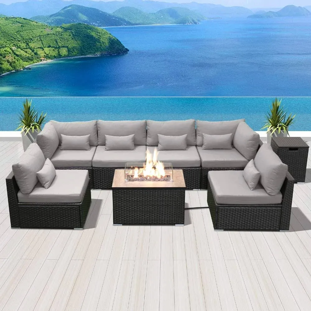 Dineli Patio Furniture Sectional Sofa with GAS Fire Pit Table Outdoor Patio ...