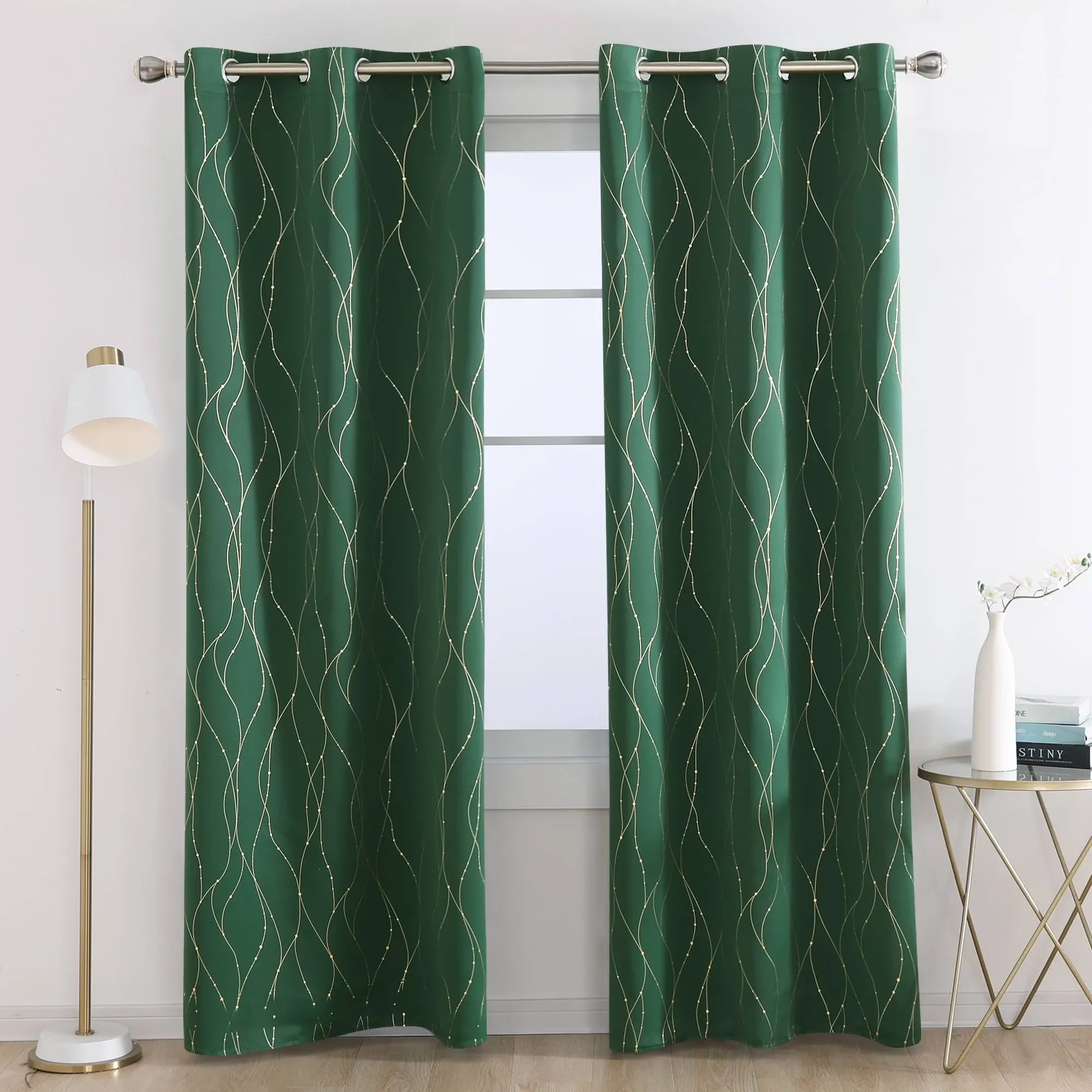 Deconovo Decorative Curtains for Living Room - Green and Gold Design Curtains with Top Grommet, Blackout Panels for Party (52 x 95 Inch, Dark Forest Green, 2 Panels)