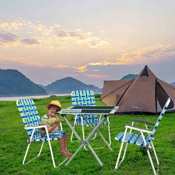 VINGLI Patio Lawn Webbed Folding Chairs Set of 2, Outdoor Beach Portable Lawn Chair Camping Chair Beach Chair for Yard, Garden (Blue, Classic)