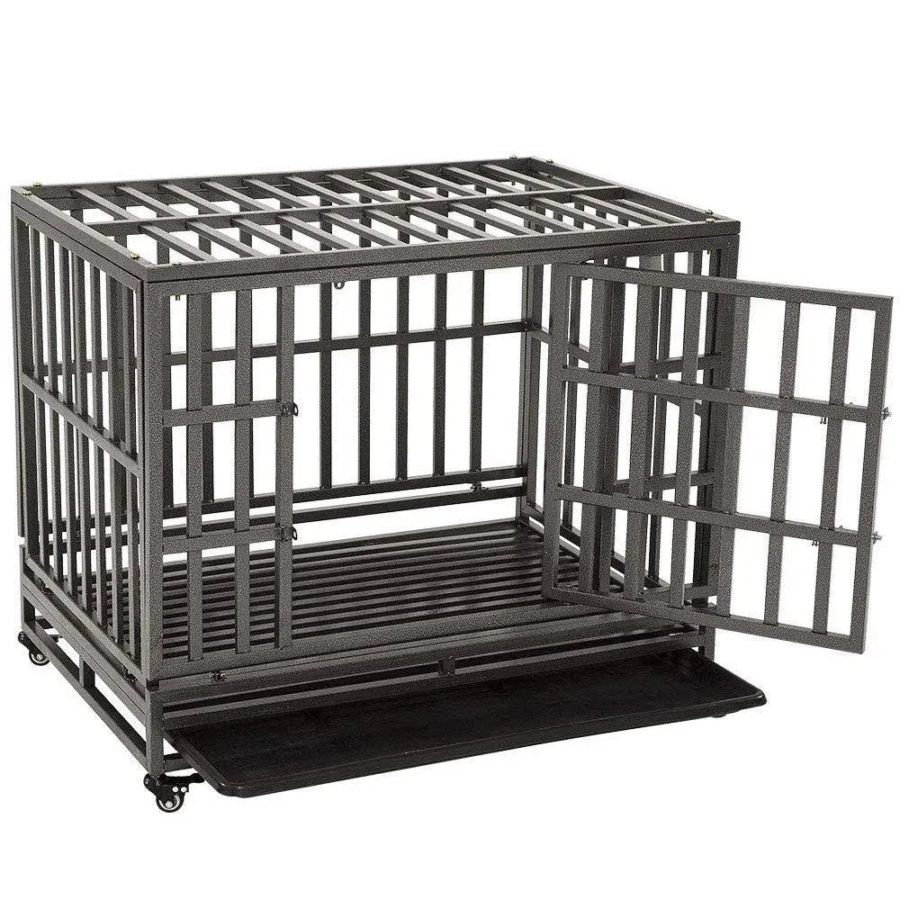 KELIXU 38" Heavy Duty Dog Crate Ultra-High Hardness Enhanced Steel Pet Kennel Playpen with Two Prevent Escape Lock, Large Dogs Cage with Four Wheels, Upgraded, Black