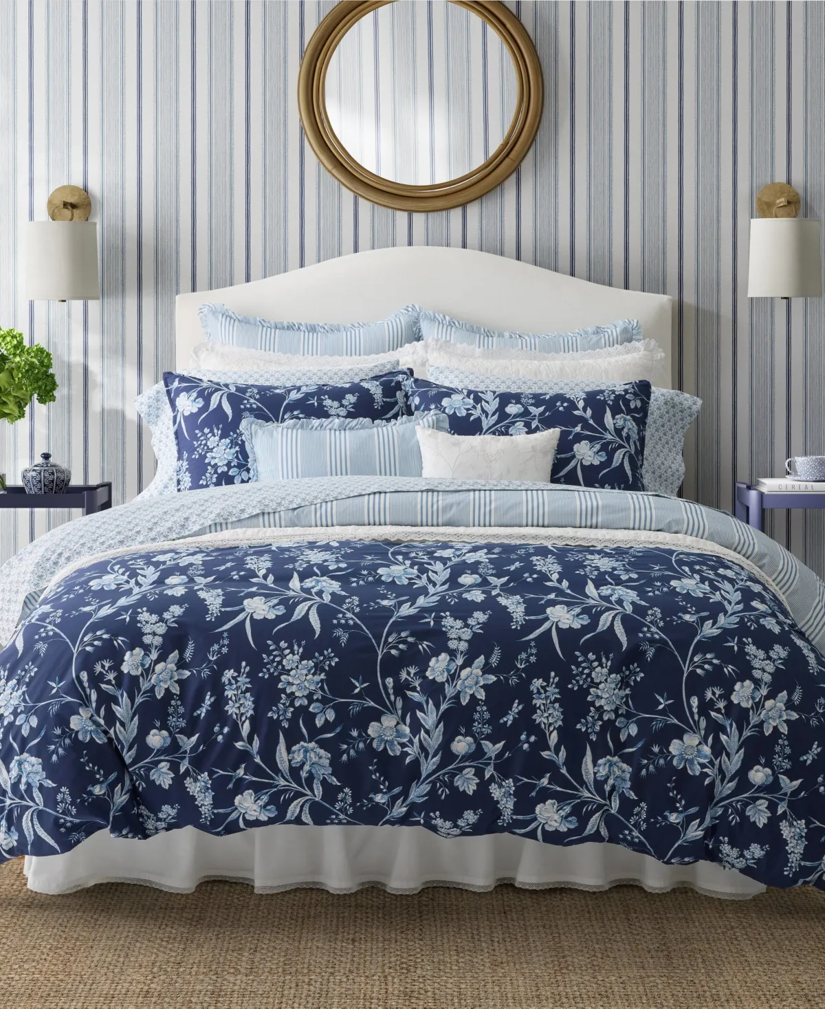 Laura Ashley Branch Toile Cotton Blue Duvet Cover Bonus Set - Twin