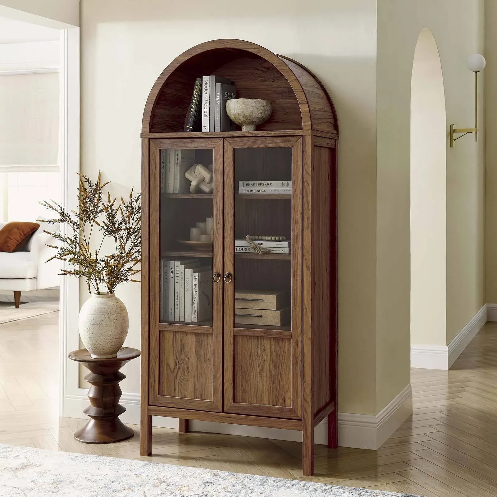 Modway EEI-6638-OAK Tessa Tall Arched Storage Display Cabinet, Oak