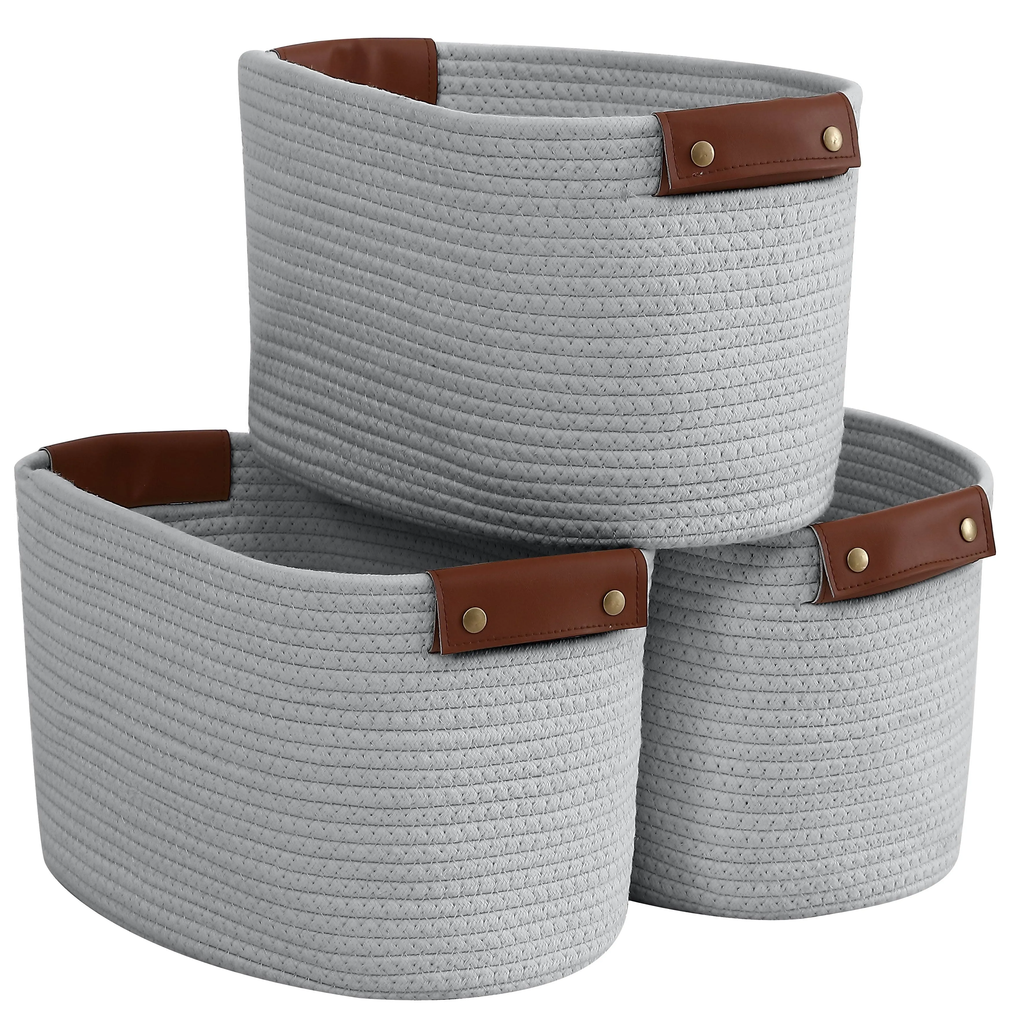 3 Pack Woven Cotton Rope Shelf Storage Basket with Leather Handles