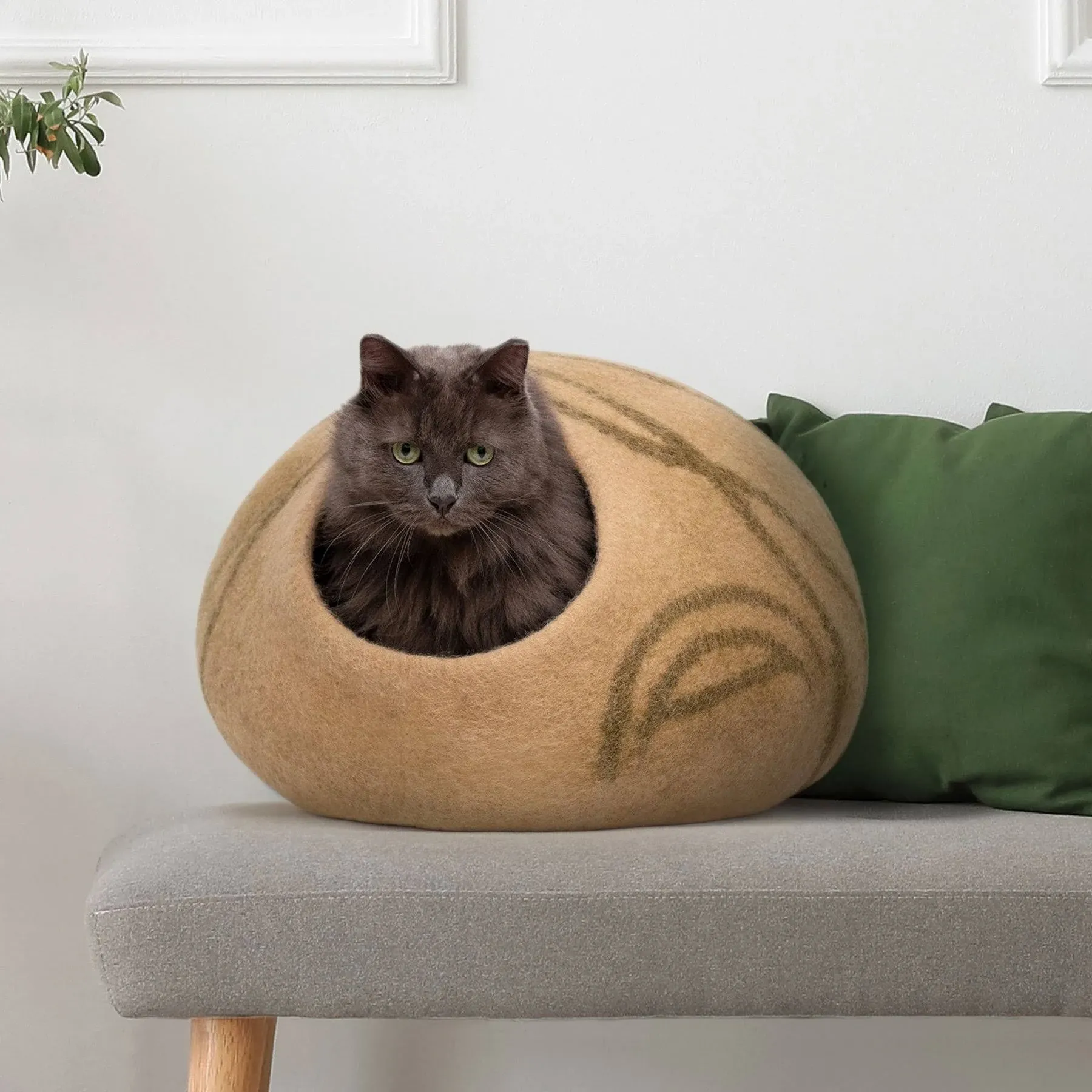 Meowfia Cat Bed for Medium Cats - Wool Cat Cave Bed - Beige