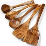 Wooden Kitchen Utensils Set, 5 Pcs Natural Acacia Wooden Cooking Spurtle Set for Non-Stick Pan Kitchen Tool Cooking Ladle and Wok Spatulas, Wooden