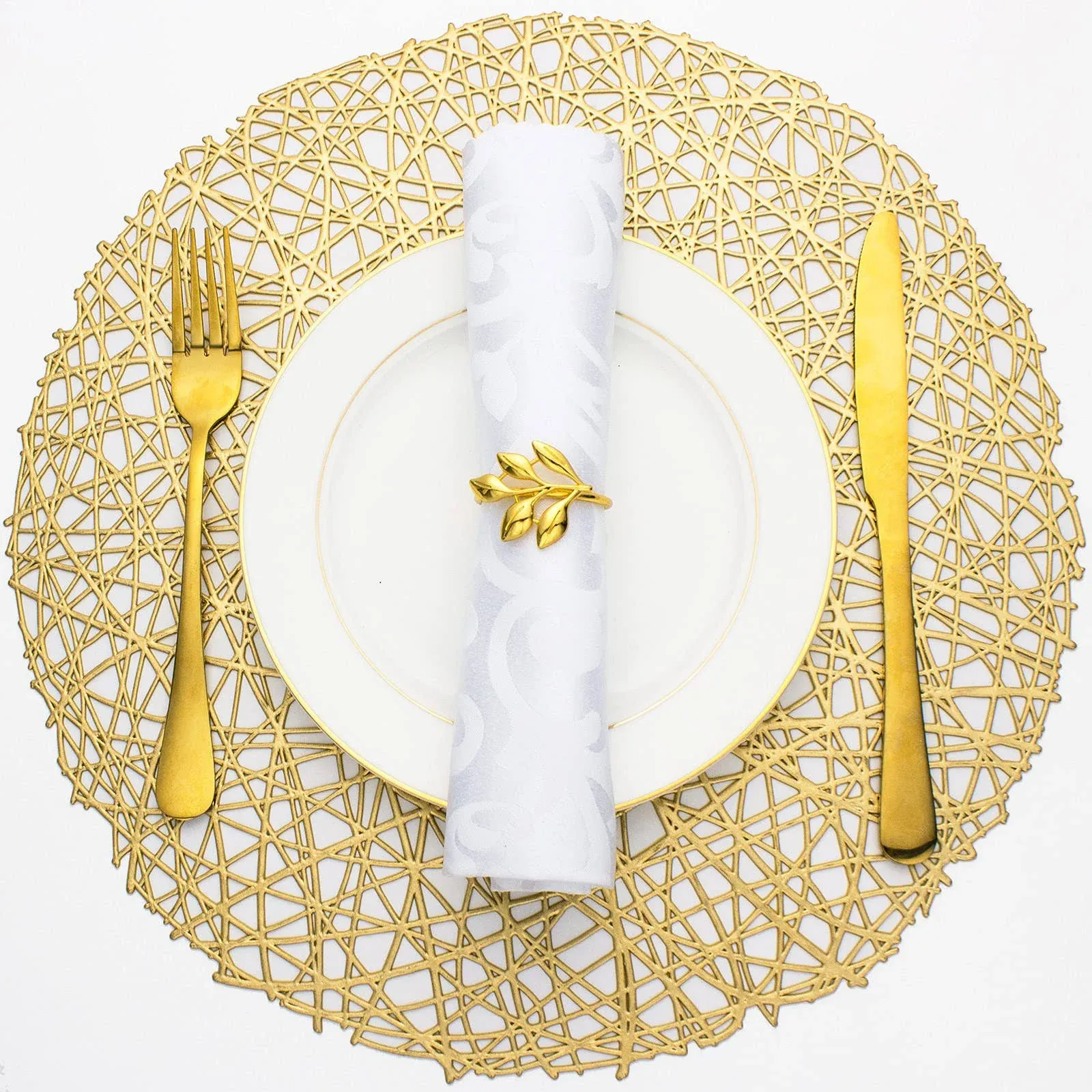 Evevda Gold Round Placemats for Dining Table Set of 6 Metallic Pressed Vinyl ...