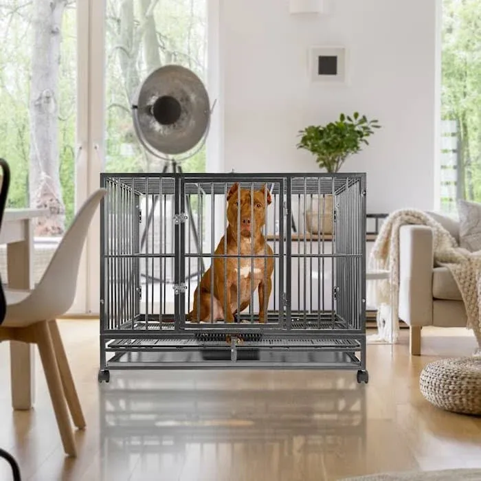 42" Large Heavy-Duty Dog Crate Cage - Two-Door Indoor Outdoor Pet & Animal Kennel with Tray - Silver